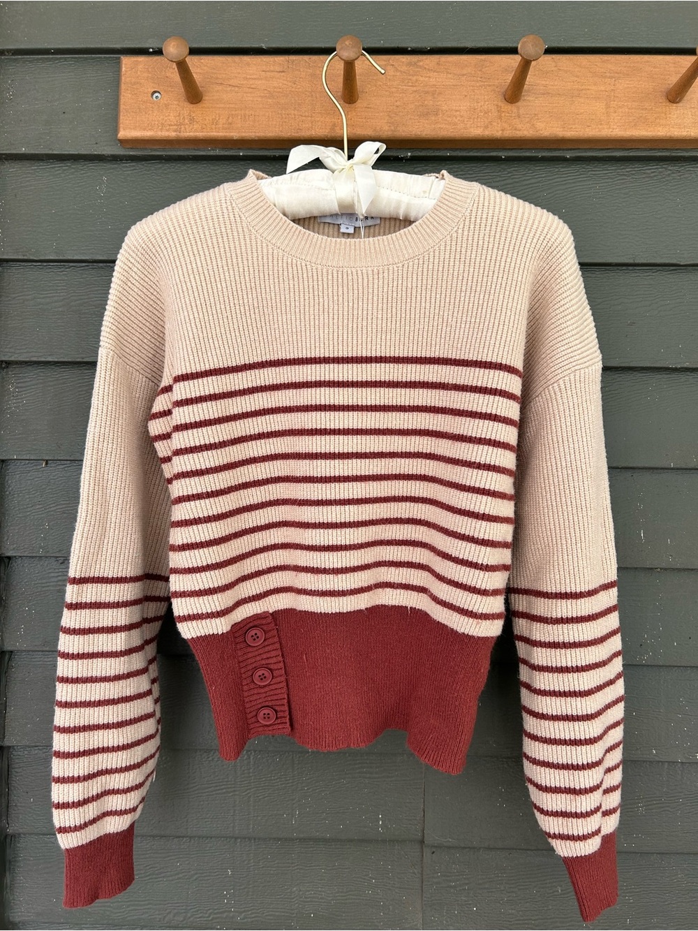 Baltic Born Women’s Striped Crewneck Sweater in Cream and Burgundy